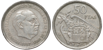 Испания 50 песет 1957 (58) Франсиско Франко (1939-1975) KM 788 медь никель цинк 4168-1123
