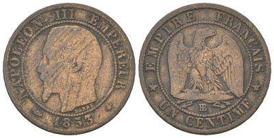 Франция 1 сантим 1853 BB, Наполеон III (1852-1870) KM 775.3 бронза 4617-726