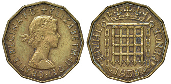 Великобритания 3 пенса 1958 Елизавета II (1952-2022) KM 900, Spink 4153 никель латунь 4122-932