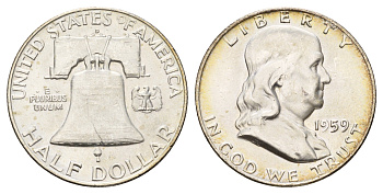 США 1/2 доллара (50 центов) 1959 D, Бенджамин Франклин, колокол KM 199 серебро aUNC 1528-331