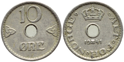 НОРВЕГИЯ 10 ЭРЕ 1941 ХОКОН VII (1905-1957) KM 383 медно-никель 4396-366