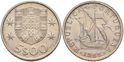 Португалия 5 эскудо 1985 парусник KM 591 медно-никель 4556-1211