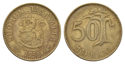 Финляндия 50 марок 1953 KM 40 алюминиевая бронза 3459-842