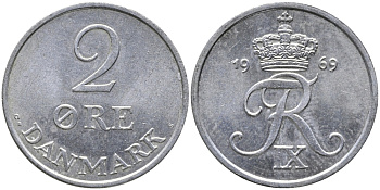 ДАНИЯ 2 ЭРЕ 1969 C; S, ФРЕДЕРИК IX (1947-1972) KM 840.2 цинк UNC 28-1045