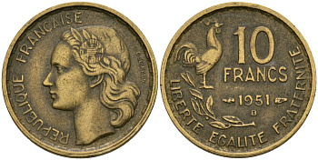 Франция 10 франков 1951 B, петух KM 915.2, Le Franc 363.4 алюминиевая бронза 4136-529