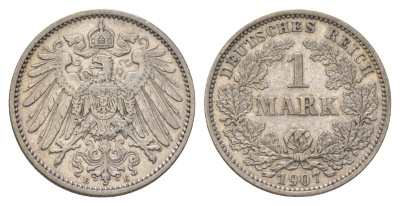 Германия 1 марка 1907 E, Вильгельм II (1888-1918) KM 14, J. 17 серебро 4626-211