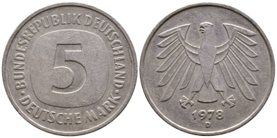 ФРГ 5 МАРОК 1978 D, KM 140.1, J. 415 медно-никель плакированный никелем 56-1043