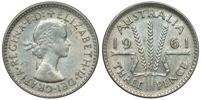 Австралия 3 пенса 1961 m, Елизавета II (1952-2022) KM 57 серебро 71-718