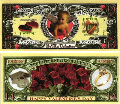 США 14 ФЕВРАЛЯ 2003 СУВЕНИРНАЯ БАНКНОТА, КУПИДОН, ДЕНЬ СВЯТОГО ВАЛЕНТИНА, ДЕНЬ ВСЕХ ВЛЮБЛЁННЫХ бумага UNC (ПРЕСС) 7198-39-4-1