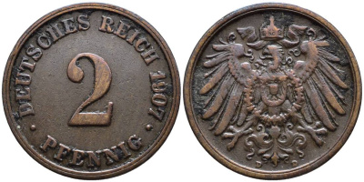 ГЕРМАНИЯ 2 ПФЕННИГА 1907 D KM 16, Jager 11, Weege 4 медь 4546-642
