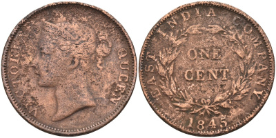 Стрейтс-Сетлментс 1 цент 1845 Виктория (1837-1901), Ост-Индская компания KM 3 медь 4590-215