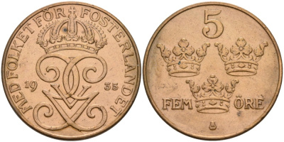 Швеция 5 эре 1935 Густав V (1907-1950), в лаке KM 779.2 бронза 4557-625