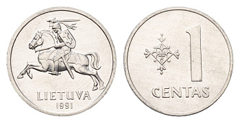 Литва 1 цент (сент) 1991 год-тип KM 85 алюминий UNC 4689-1018