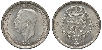 Швеция 2 кроны 1947 TS, Густав V (1907-1950) KM 815 серебро 1531-335