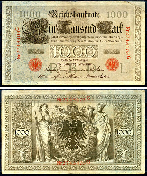 Германия 1000 марок 1910 21 апреля 1910, красная печать, номер семизначный, серия G, буква L, выпуск АПРЕЛЬ - ИЮЛЬ 1918 Pick 44 b бумага 2194-40-2-1