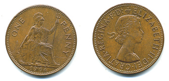 Великобритания 1 пенни 1964 Елизавета II (1952-2022) KM 897, Spink 4157 бронза 25-525