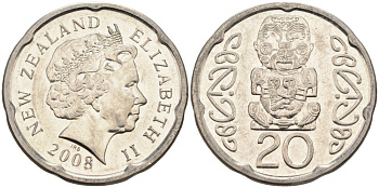 Новая Зеландия 20 центов 2008 Елизавета II (1952-2022), идол Пукаки KM 118а никелированная сталь 4579-1226