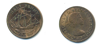 Великобритания 1/2 пенни 1958 Елизавета II (1952-2022) KM 896, Spink 4158 бронза 59-1111