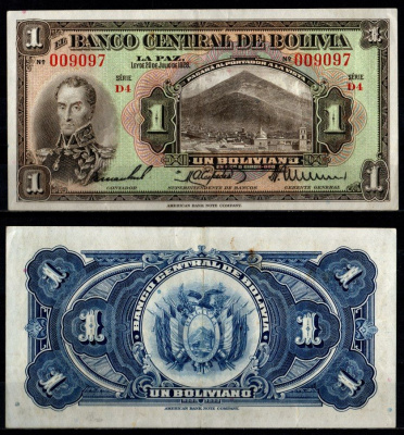 Боливия 1 боливиано 1928 Pick 118 a (4) бумага 6280-18-2-1