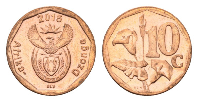 ЮАР 10 центов 2015 герб, цветок алоэ сталь плакированная бронзой UNC 4687-526