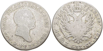 РОССИЯ ДЛЯ ПОЛЬШИ 2 ЗЛОТЫХ 1819 IB, АЛЕКСАНДР I РУССКИЙ ЦАРЬ И КОРОЛЬ ПОЛЬШИ (1815-1825) KM 99, Биткин 833 серебро 5010-1033