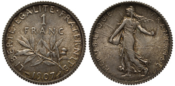 ФРАНЦИЯ 1 ФРАНК 1907 СЕЯТЕЛЬ, РЕДКИЙ ГОД KM 844.1, LE FRANC 217.12 серебро 413-2943