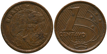 Бразилия 1 сентаво 2000 KM 647, Schon 155 сталь плакированная медью 4576-335