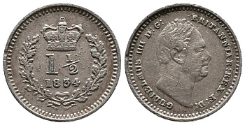 Великобритания 1 1/2 пенса 1834 Вильгельм IV (1830-1837) KM 719, Spink 3839 серебро 1518-642
