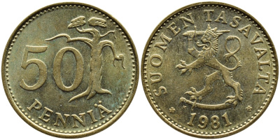 ФИНЛЯНДИЯ 50 ПЕННИ 1981 К KM 48 алюминиевая бронза 4364-3051
