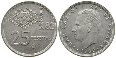Испания 25 песет 1980 (80), чемпионат мира по футболу Испания 82 KM 818 медно-никель 4364-4222