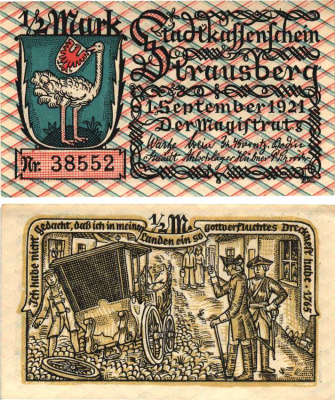 ШТРАУСБЕРГ 1/2 МАРКИ 1921 НОТГЕЛЬД, 1 СЕНТЯБРЯ 1921, ЗЕМЛЯ БРАНДЕНБУРГ Grabowski 1281.1 бумага 8608-1-2-2