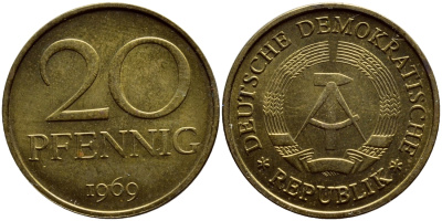 ГДР 20 пфеннигов 1969 А, первый год KM 11 латунь UNC 4398-1046