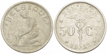 Бельгия 50 сантимов 1922 Belgique, Альберт I (1910-1934) KM 87 никель 3996-1144