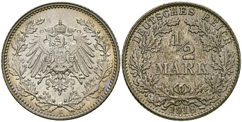 ГЕРМАНИЯ 1/2 МАРКИ 1918 E J. 16, KM 17 серебро UNC 65-255