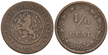 Нидерланды 1/2 цента 1884 Виллем III (1849-1890) KM 109 бронза 4576-263