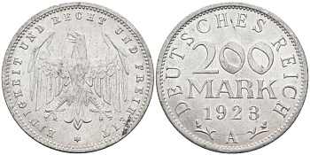 Германия 200 марок 1923 A KM 35, J. 304, Weege 22 алюминий UNC 4586-252