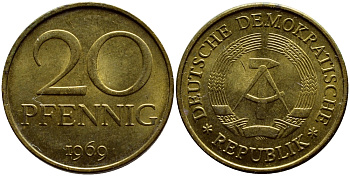 ГДР 20 пфеннигов 1969 А, первый год KM 11 латунь UNC 4398-227