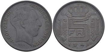 БЕЛЬГИЯ 5 ФРАНКОВ 1941 BELGEN, ГЕРМАНСКАЯ ОККУПАЦИЯ, ВТОРАЯ МИРОВАЯ ВОЙНА KM 130 цинк 28-251