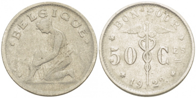 Бельгия 50 сантимов 1922 Belgique, Альберт I (1910-1934) KM 87 никель 3996-1144