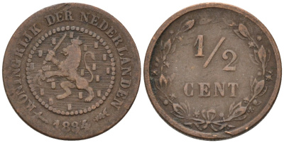 Нидерланды 1/2 цента 1884 Виллем III (1849-1890) KM 109 бронза 4576-263