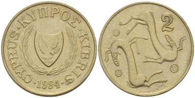КИПР 2 ЦЕНТА 1994 KM 54.3 никель латунь 4364-3651
