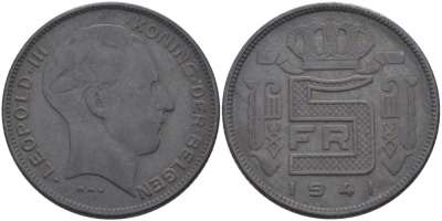 БЕЛЬГИЯ 5 ФРАНКОВ 1941 BELGEN, ГЕРМАНСКАЯ ОККУПАЦИЯ, ВТОРАЯ МИРОВАЯ ВОЙНА KM 130 цинк 28-251
