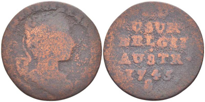 АВСТРИЙСКИЕ НИДЕРЛАНДЫ (БЕЛЬГИЯ) 1 ЛИАРД 1745 МАРИЯ ТЕРЕЗА (1740-1780) KM 1 медь 210-1024