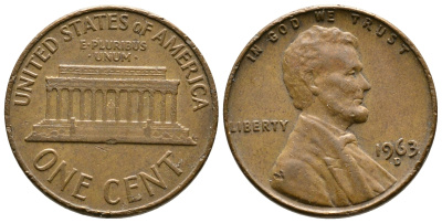 США 1 ЦЕНТ 1963 D, ЛИНКОЛЬН KM 201 медь цинк 93-1223