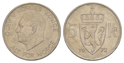 Норвегия 5 крон 1972 Улаф V (1957-1991) KM 412 медно-никель 4162-421
