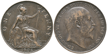 Великобритания 1 пенни 1906 Эдуард VII (1901-1910) KM 794.2, Spink 3990 бронза 32-442
