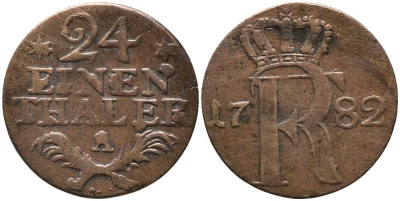 ПРУССИЯ 1/24 ТАЛЕРА 1782 А, ФРИДРИХ II (1740-1786) KM 296 биллон 116-661