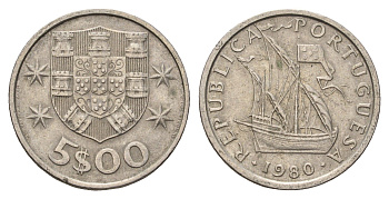 Португалия 5 эскудо 1980 парусник KM 591 медно-никель 4707-237