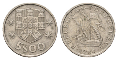 Португалия 5 эскудо 1980 парусник KM 591 медно-никель 4707-237