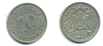 ГЕРМАНИЯ 10 ПФЕННИГОВ 1914 E KM 12, J. 13 медно-никель 62-2455